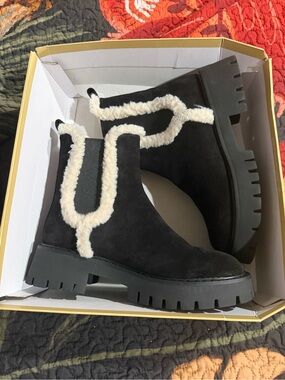 Michael Kors Black Suede Chelsea Ankle Boots with Cream Shearling Trim